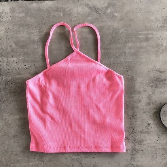 Pink Ribbed Cropped Halter Top - Large - Picture 4 of 8